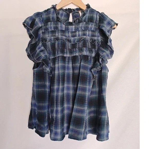 Free People‎ Not Your Average Girl Plaid Top Blue Gray Black Sleeveless XS - Picture 8 of 8